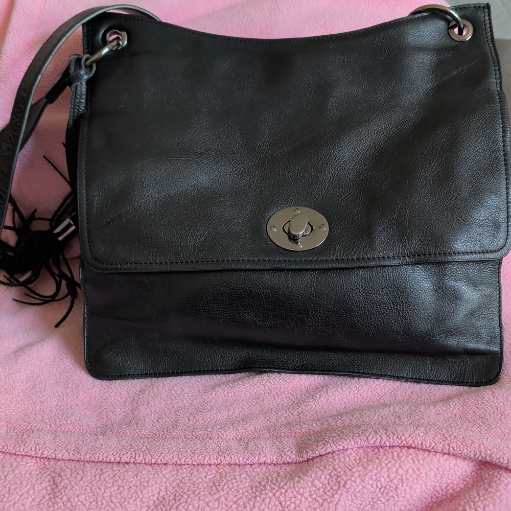 RACHEL Rachel Roy Black Leather Shoulder Bag with Silver Turn-Lock